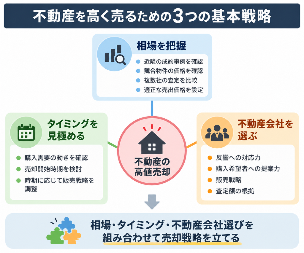 相場・タイミング・不動産会社選びを組み合わせて高値売却を目指す3つの基本戦略を示した相関図