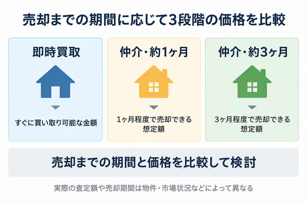 売却期間に応じた即時買取・1ヶ月・3ヶ月の想定価格を比較して検討する仕組みを示す図解