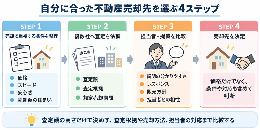 不動産売却先を選ぶ際に条件整理から査定・担当者比較、売却先決定まで進める4ステップの図解