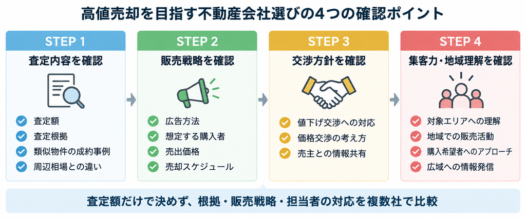 高値売却を目指し査定・販売戦略・交渉方針・集客力を複数の不動産会社で比較する4つの確認ポイント