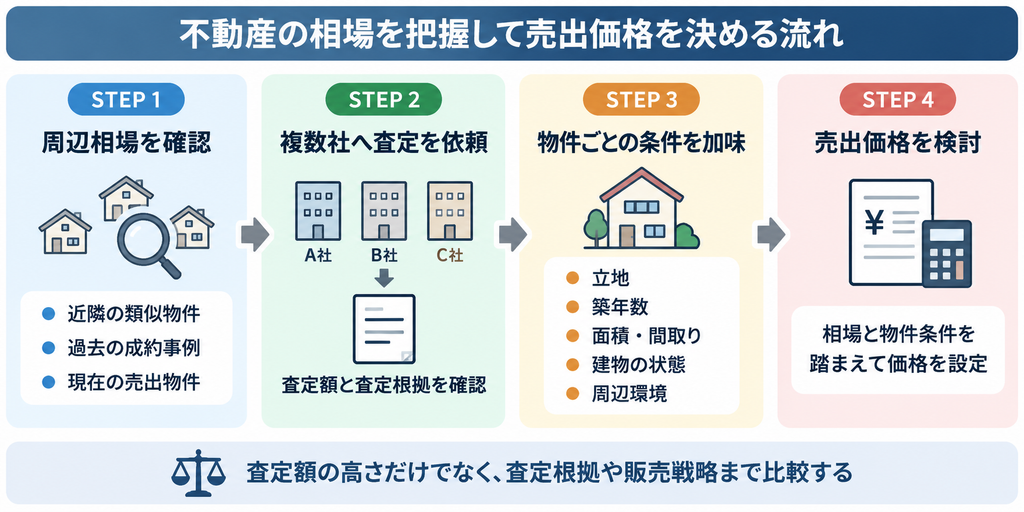 周辺相場と複数社の査定根拠、物件条件を比較し、不動産の売出価格を決める4ステップの流れを示した図解